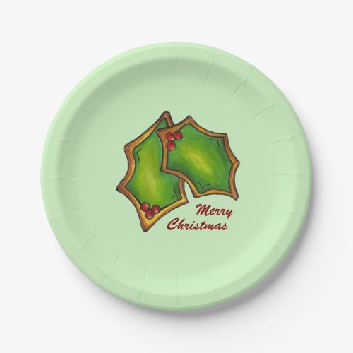 Merry Christmas Holly Leaf Cookie Holiday Baking Paper Plates