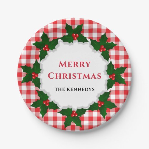 Merry Christmas  Holly Leaves  Red Plaid Paper Plates