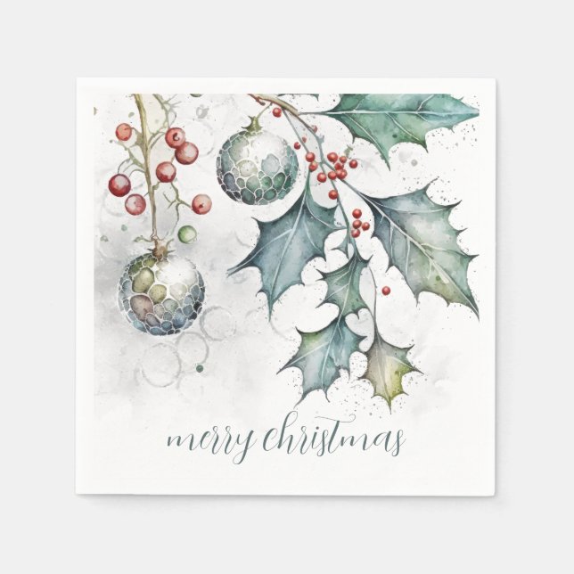 Merry Christmas Holly Ornaments Christmas Holiday Napkins (Front)