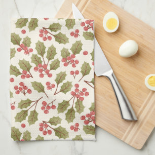 Merry Christmas Holly Pattern Kitchen Towel