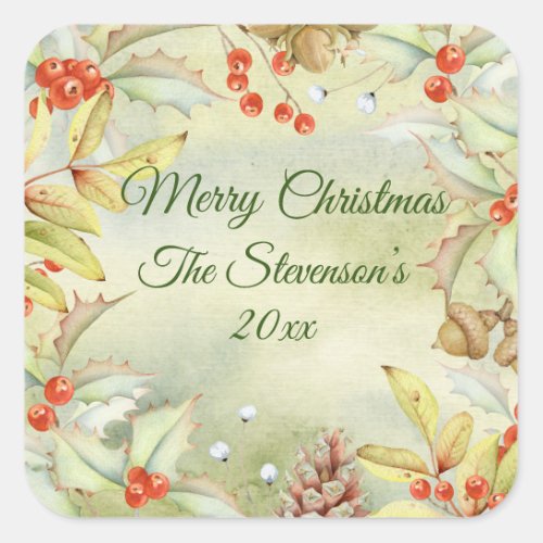 Merry Christmas Holly Personalized Date Vintage Square Sticker