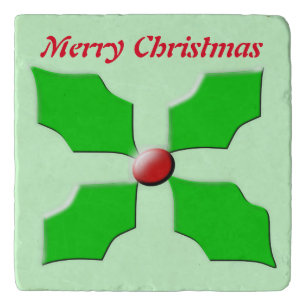 Merry Christmas Holly Personalized Stone Trivet