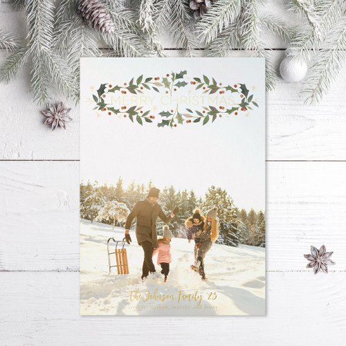 Merry Christmas Holly Photo Foil Holiday Card