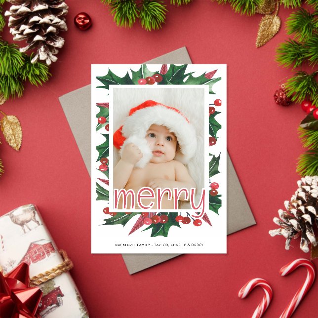 Merry Christmas Holly Photo Personalized Acrylic Invitations (Insitu (Holiday))