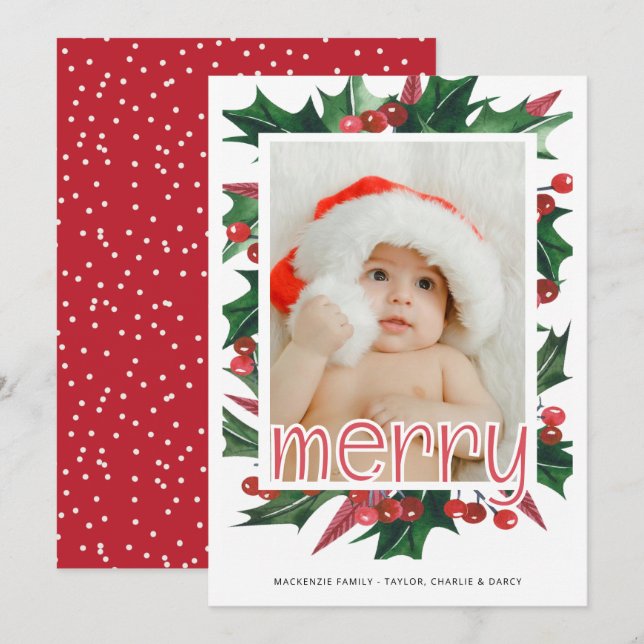 Merry Christmas Holly Photo Personalized Holiday Card (Front/Back)
