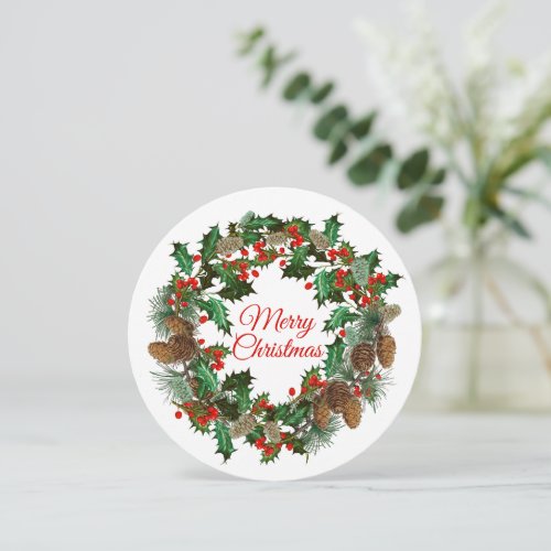 Merry Christmas Holly  Pine Wreath Card