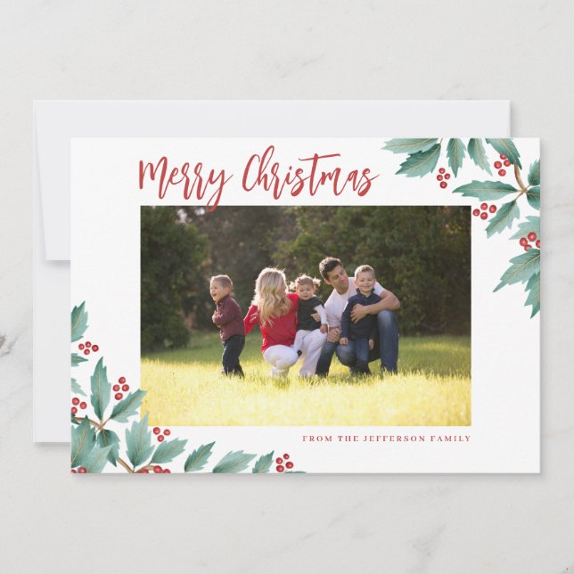 Merry Christmas Holly Red And Green Photo Holiday Card (Front)