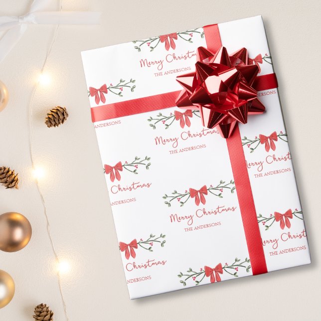 Merry Christmas | Holly & Red Bow | Personalized Wrapping Paper (Creator Uploaded)