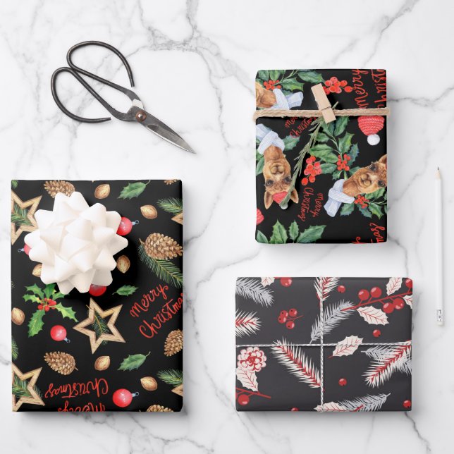 Merry Christmas Holly Red Fir Pine Cone Star Black Wrapping Paper Sheets (Front)