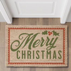 Merry Christmas Holly Red Green Front Door Decor Fiber Doormat