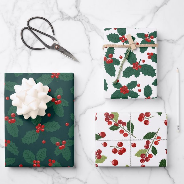 Merry Christmas Holly Red Green White Holiday Wrapping Paper Sheets (Front)