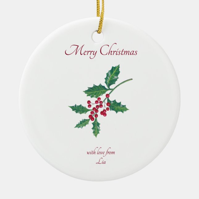 Merry Christmas Holly Red Ornament (Front)