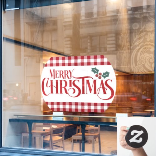 Merry Christmas Holly Red Plaid Restaurant  Window Cling