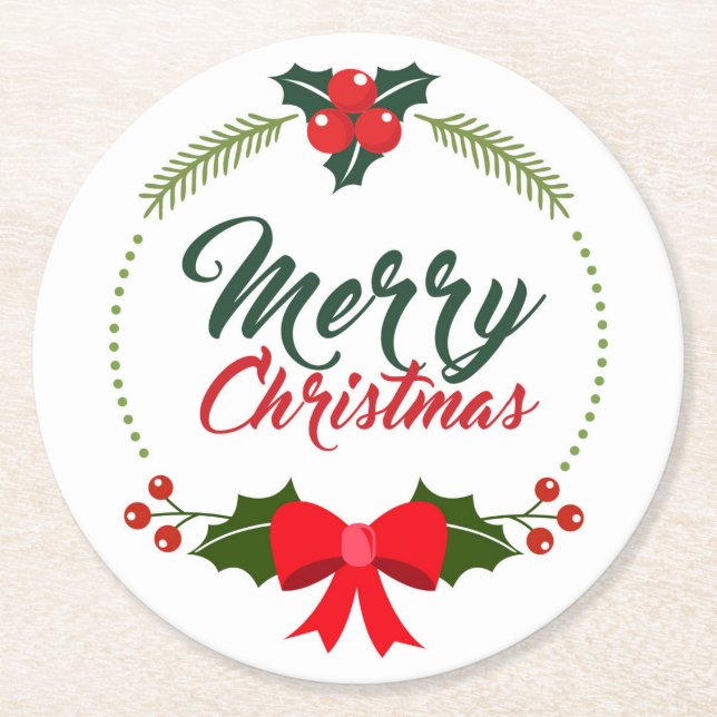 Merry Christmas Holly Round Paper Coaster (Front)