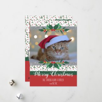 Merry Christmas Holly Silver Glitter Photo