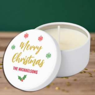 Merry Christmas Holly Snowflakes Family Name Mini Candle Favors