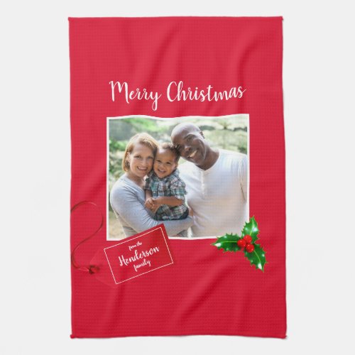 Merry Christmas  Holly Sprig _ Custom Photo _ Kitchen Towel