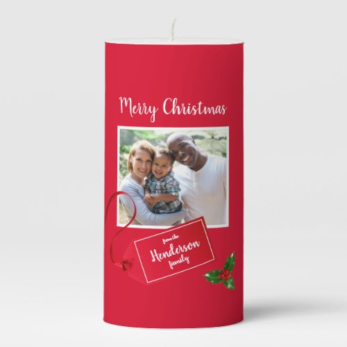 Merry Christmas  Holly Sprig _ Custom Photo _ Pillar Candle