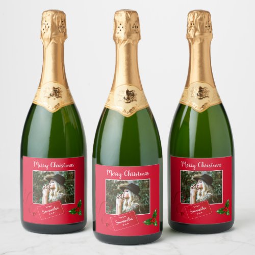 Merry Christmas  Holly Sprig _ Custom Photo _ Sparkling Wine Label