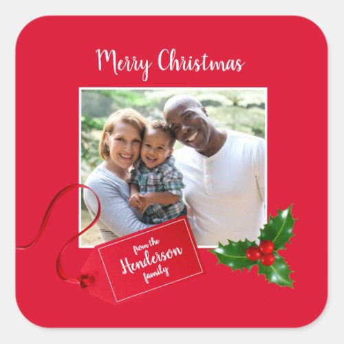 Merry Christmas  Holly Sprig _ Custom Photo _ Square Sticker