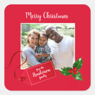 Merry Christmas Holly Sprig - Custom Photo - Square Sticker