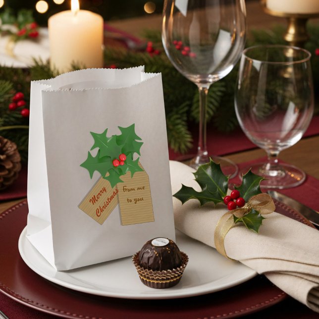 Merry Christmas Holly Sprig Personalized Favor Bag (A festive favor bag with space for your to add your name)