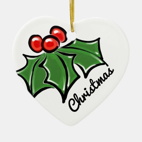 Merry Christmas Holly Sprigs Ceramic Ornament
