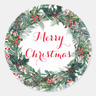 Merry Christmas Holly Wreath Classic Round Sticker