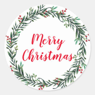 Merry Christmas Holly Wreath Classic Round Sticker