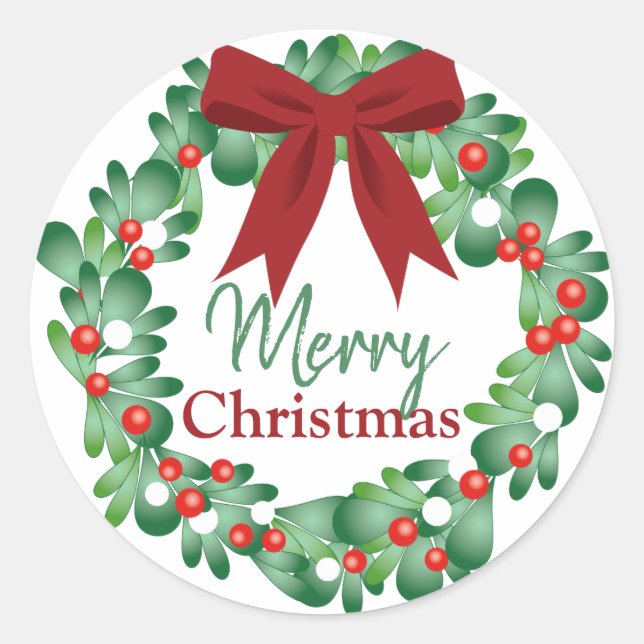 Merry Christmas Holly Wreath Classic Round Sticker (Front)