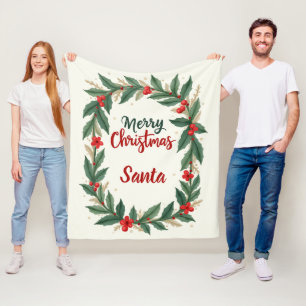 Merry Christmas Holly Wreath Fleece Blanket