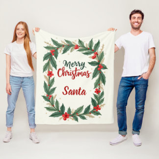 Merry Christmas Holly Wreath Fleece Blanket
