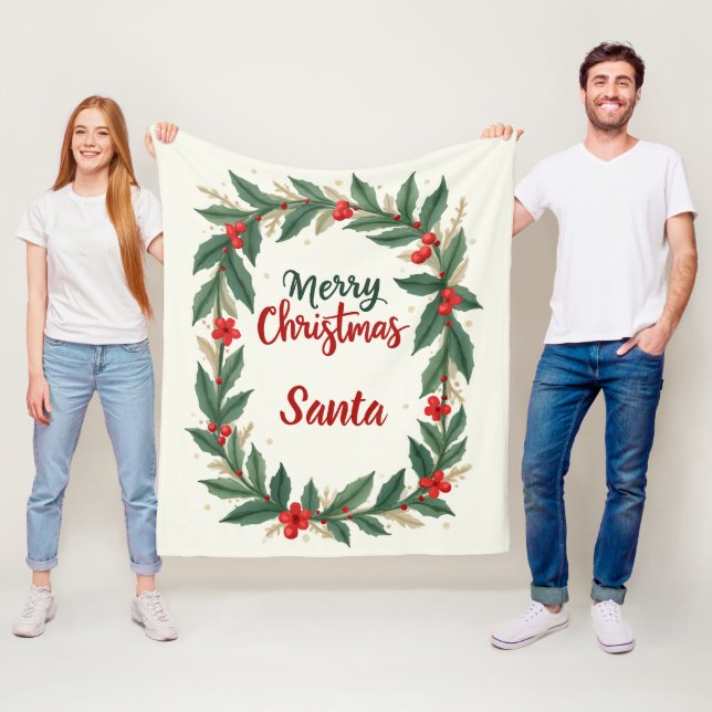 Merry Christmas Holly Wreath Fleece Blanket (In Situ)