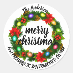 Merry Christmas Holly Wreath Return Address Classi Classic Round Sticker