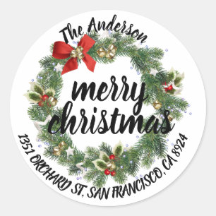 Merry Christmas Holly Wreath Return Address Classic Round Sticker