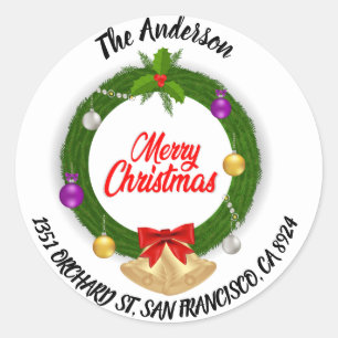 Merry Christmas Holly Wreath Return Address Classic Round Sticker