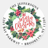 Merry Christmas Poinsettia Wreath Monogram Classic Round ...