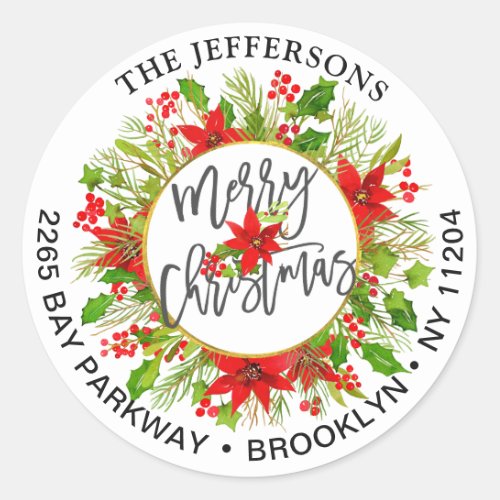 Merry Christmas Holly Wreath Return Address Labels