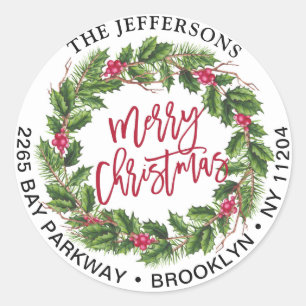 Merry Christmas Holly Wreath Return Address Labels