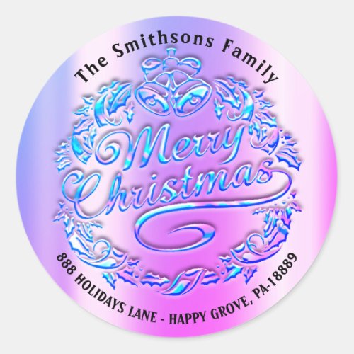 Merry Christmas Holly Wreath RSVP Bells Pink Blue Classic Round Sticker