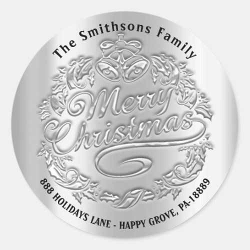 Merry Christmas Holly Wreath RSVP Bells Silver  Classic Round Sticker