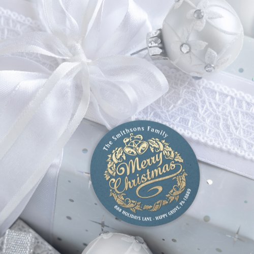 Merry Christmas Holly Wreath RSVP  Gold Blue Classic Round Sticker