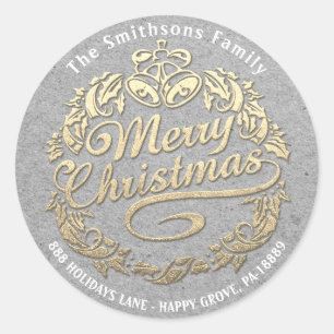Merry Christmas Holly Wreath RSVP  Gold Gray Classic Round Sticker