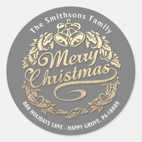 Merry Christmas Holly Wreath RSVP Gold Gray Grey Classic Round Sticker