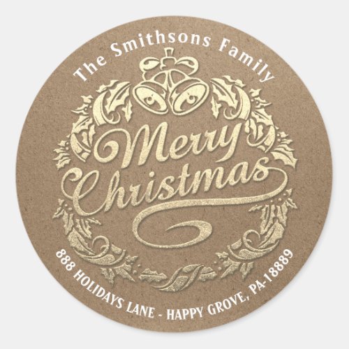 Merry Christmas Holly Wreath RSVP  Gold Kraft Classic Round Sticker