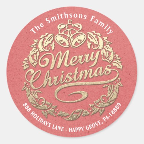 Merry Christmas Holly Wreath RSVP Gold Kraft Coral Classic Round Sticker
