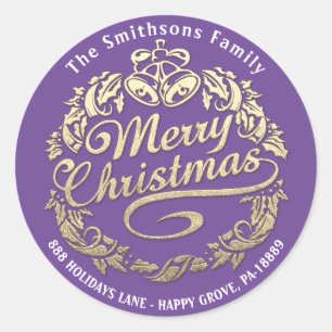 Merry Christmas Holly Wreath RSVP Gold Purple Classic Round Sticker