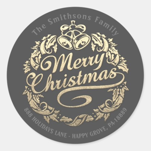 Merry Christmas Holly Wreath RSVP Gold Royal Grey Classic Round Sticker