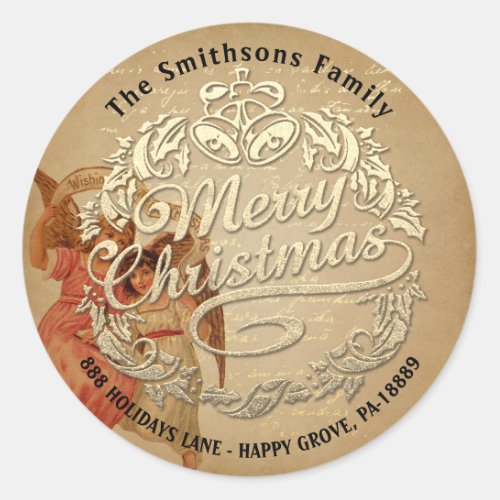 Merry Christmas Holly Wreath RSVP  Gold Vintage Classic Round Sticker