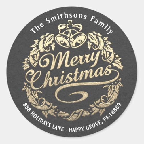 Merry Christmas Holly Wreath RSVP Gray Gold Kraft Classic Round Sticker